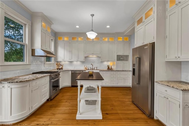 638 N Spring St, Winston-Salem, NC 27101 - kitchen with high quality appliances, a sink, decorative backsplash, white cabinetry, and a center island