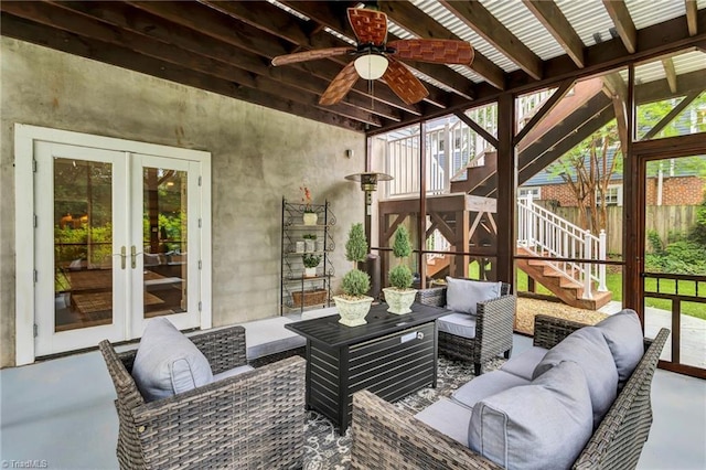 638 N Spring St, Winston-Salem, NC 27101 - view of patio featuring stairway, french doors, an outdoor living space, a ceiling fan, and fence
