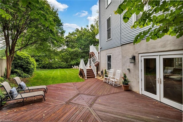 638 N Spring St, Winston-Salem, NC 27101 - deck featuring stairway, a yard, french doors, and view of wooded area