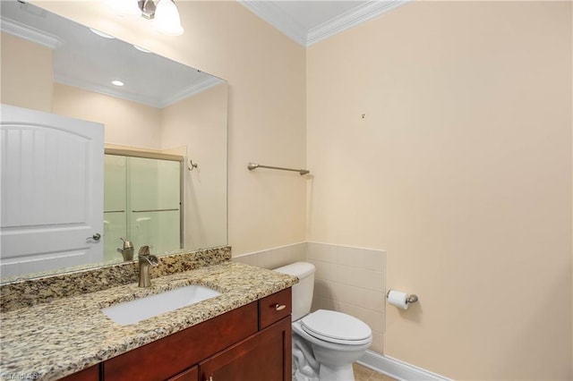 bathroom featuring toilet, walk in shower, tile patterned flooring, and ornamental molding