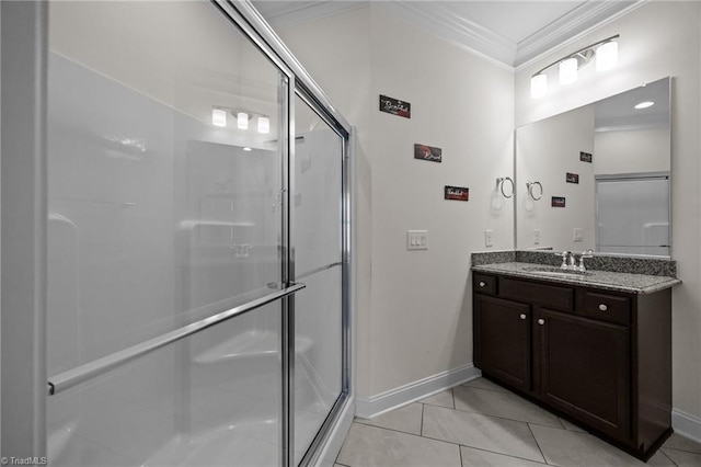 2590 Mccullum Ct, Browns Summit, NC 27214 - full bathroom featuring ornamental molding, vanity, tile patterned flooring, and a stall shower