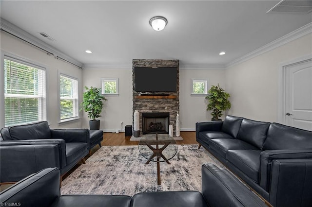 2590 Mccullum Ct, Browns Summit, NC 27214 - living room featuring plenty of natural light, wood finished floors, crown molding, a stone fireplace, and recessed lighting