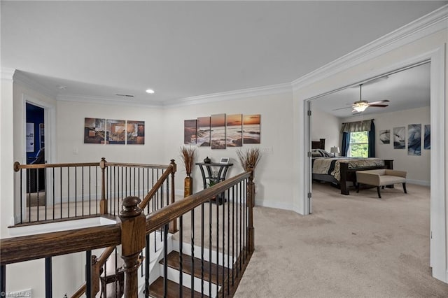 2590 Mccullum Ct, Browns Summit, NC 27214 - hallway with an upstairs landing, carpet floors, ornamental molding, and recessed lighting