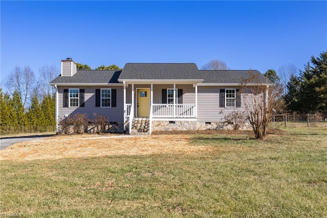 single story home with covered porch and a front lawn