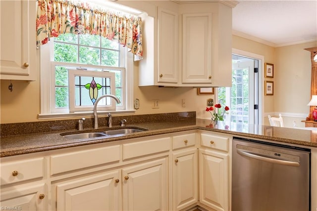298 Duke Dr, Lexington, NC 27292 - kitchen with dishwasher, a sink, crown molding, dark stone countertops, and white cabinets