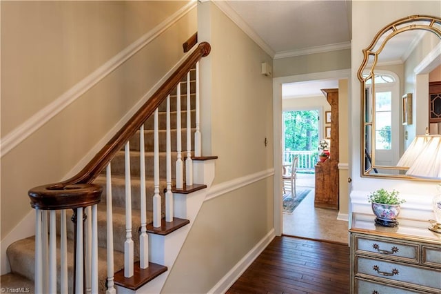 298 Duke Dr, Lexington, NC 27292 - staircase featuring hardwood / wood-style floors, crown molding, and baseboards