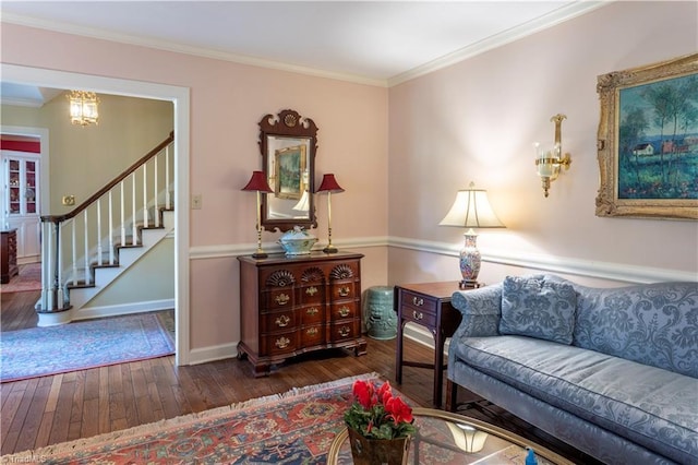 298 Duke Dr, Lexington, NC 27292 - living room featuring hardwood / wood-style flooring, stairway, a chandelier, baseboards, and crown molding