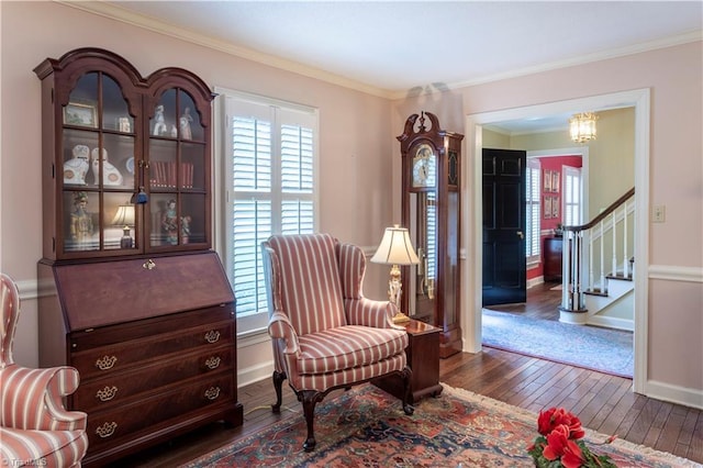 298 Duke Dr, Lexington, NC 27292 - living area with hardwood / wood-style flooring, plenty of natural light, crown molding, a chandelier, and stairway
