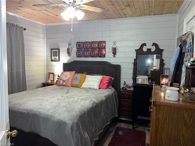 bedroom with ceiling fan, wood ceiling, and wooden walls