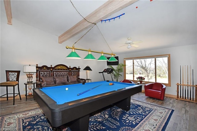 playroom with ceiling fan, beamed ceiling, wood finished floors, and billiards