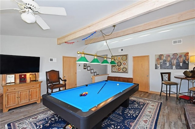 game room featuring pool table, wood finished floors, and visible vents