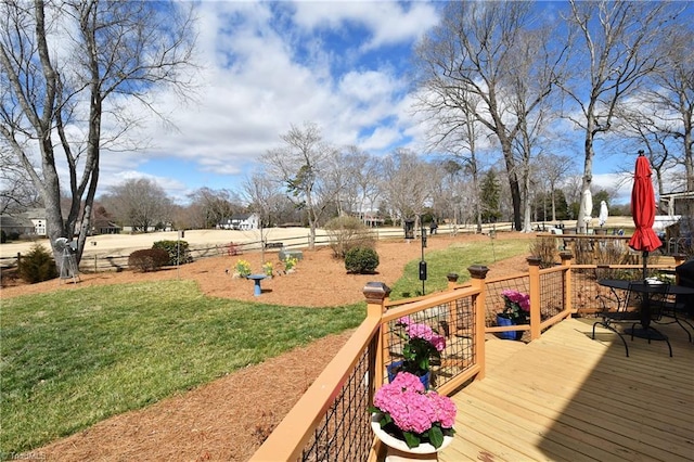 wooden terrace featuring a yard and fence