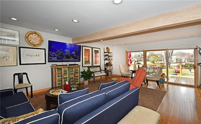 living area with beamed ceiling, recessed lighting, baseboards, and wood-type flooring