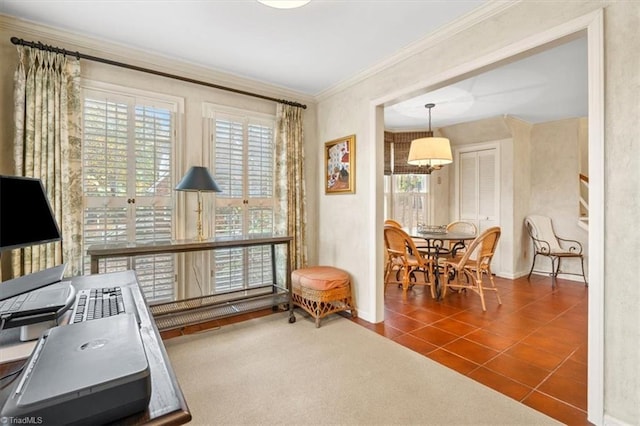 tiled office space featuring ornamental molding