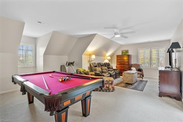 playroom featuring pool table, light carpet, ceiling fan, and vaulted ceiling