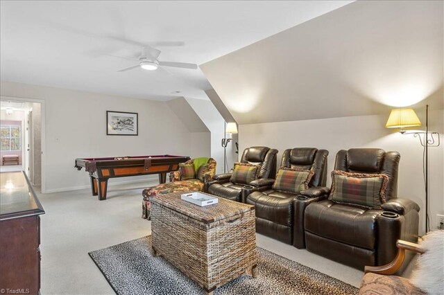 home theater with pool table, lofted ceiling, light carpet, and ceiling fan