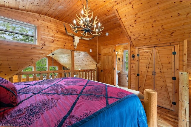 bedroom featuring wood ceiling, multiple windows, wooden walls, and vaulted ceiling