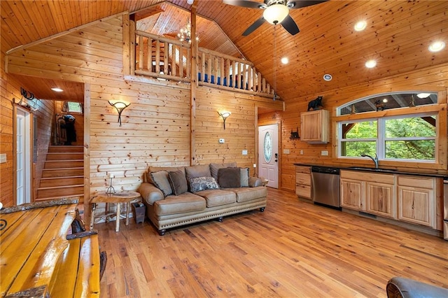 unfurnished living room with light hardwood / wood-style flooring, wood ceiling, wooden walls, and sink