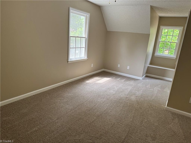 bonus room featuring carpet floors, a textured ceiling, baseboards, and vaulted ceiling