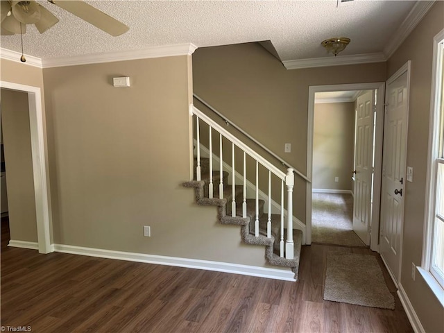 foyer featuring crown molding, wood finished floors, ceiling fan, stairway, and a textured ceiling