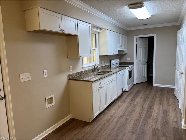 kitchen featuring white appliances, white cabinets, dark wood-style floors, and a sink