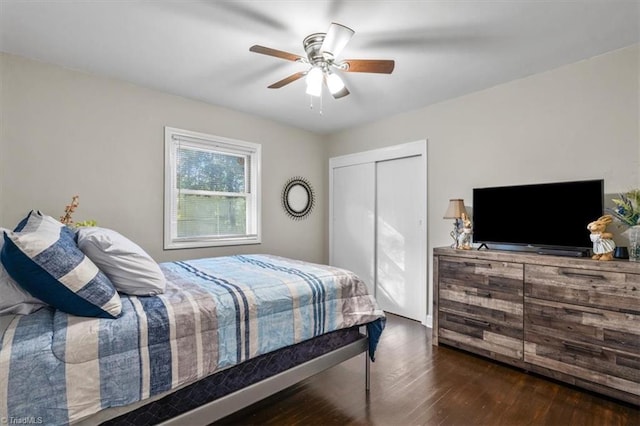 bedroom featuring a closet, dark hardwood / wood-style floors, and ceiling fan