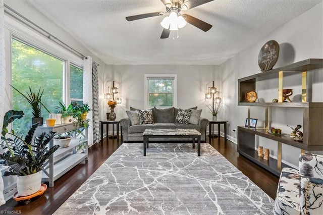 sitting room featuring ceiling fan, plenty of natural light, and dark hardwood / wood-style flooring