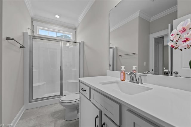8004 Hacker Dr, Stokesdale, NC 27357 - full bathroom featuring toilet, vanity, a shower stall, ornamental molding, and baseboards