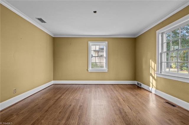 empty room featuring a wealth of natural light, wood-type flooring, and ornamental molding