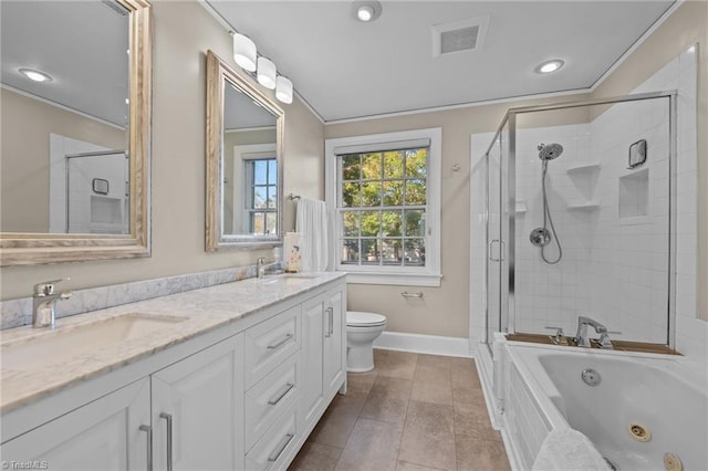 full bathroom with tile patterned floors, vanity, separate shower and tub, and toilet