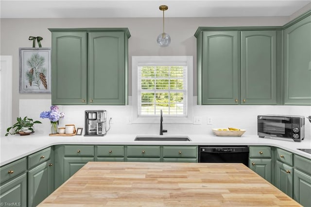 217 Oakmont Park Ct, Kernersville, NC 27284 - kitchen featuring green cabinetry, black dishwasher, and pendant lighting