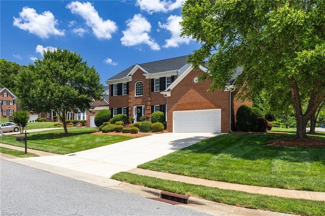217 Oakmont Park Ct, Kernersville, NC 27284 - colonial-style house featuring brick siding, a front lawn, driveway, and a garage