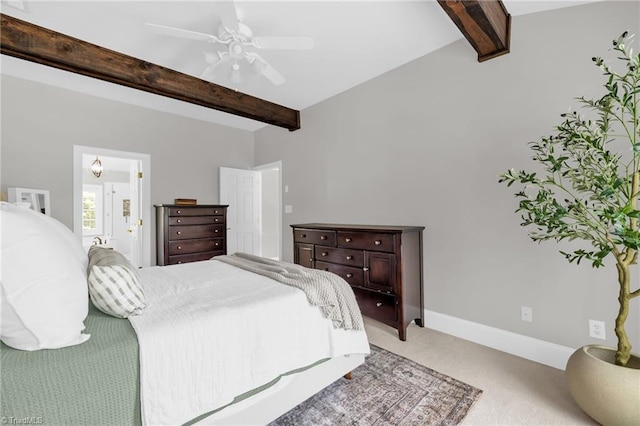 217 Oakmont Park Ct, Kernersville, NC 27284 - bedroom with beam ceiling, light carpet, ensuite bath, and ceiling fan
