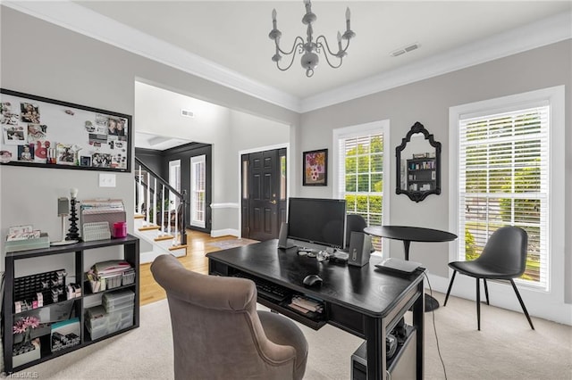 217 Oakmont Park Ct, Kernersville, NC 27284 - home office featuring a chandelier, crown molding, and light colored carpet