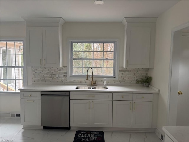 kitchen with backsplash, white cabinetry, sink, and stainless steel dishwasher