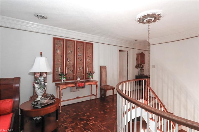 corridor featuring dark parquet flooring