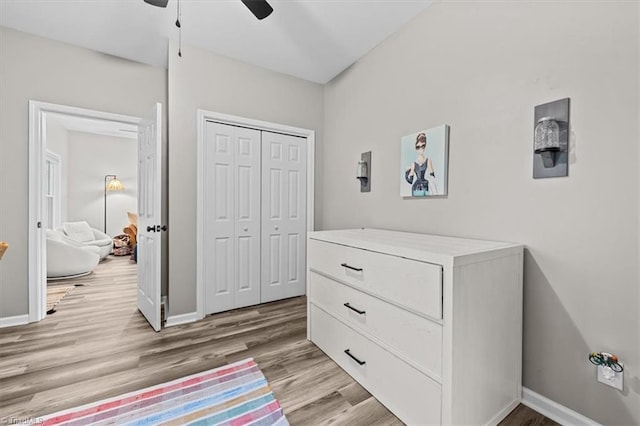 7517 NC Highway 62, Trinity, NC 27370 - bedroom with light wood finished floors, a closet, and a ceiling fan