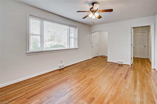 unfurnished bedroom with light hardwood / wood-style flooring and ceiling fan