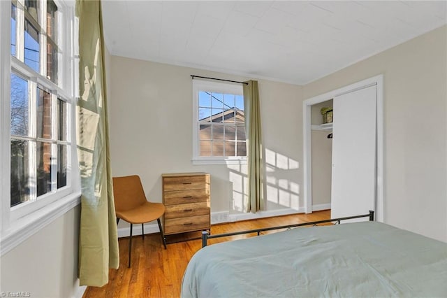 bedroom with a closet and hardwood / wood-style flooring