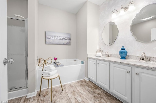 130 W Brick Walk Ct, Mocksville, NC 27028 - bathroom featuring double vanity, a shower stall, and a bath
