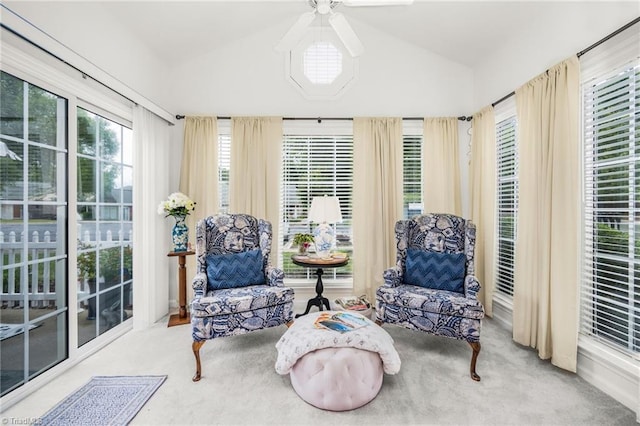 130 W Brick Walk Ct, Mocksville, NC 27028 - sitting room featuring lofted ceiling, carpet, and ceiling fan