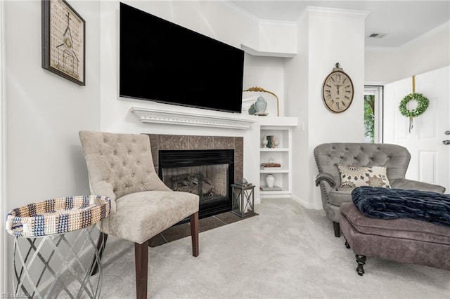 130 W Brick Walk Ct, Mocksville, NC 27028 - living area featuring crown molding, carpet, and a premium fireplace