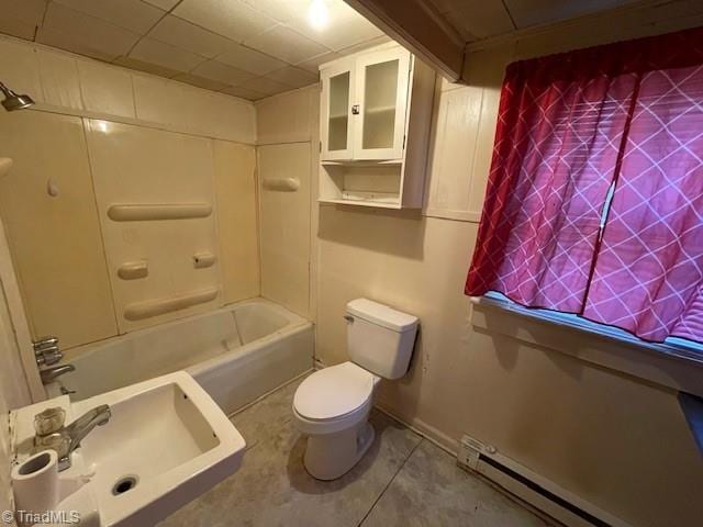 full bathroom featuring  shower combination, a baseboard radiator, toilet, and sink