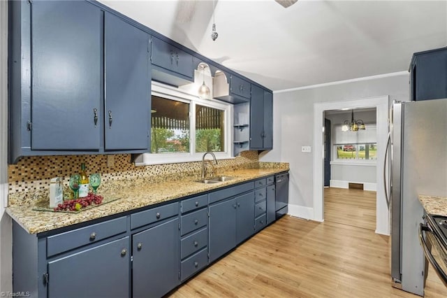 kitchen featuring blue cabinets, sink, stainless steel appliances, light wood-type flooring, and decorative backsplash