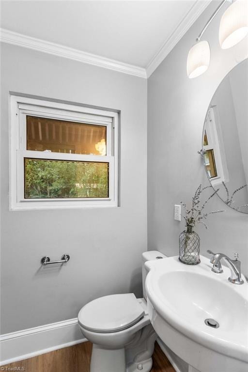 bathroom featuring wood-type flooring, ornamental molding, sink, and toilet