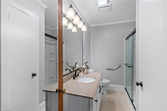 bathroom with walk in shower, ornamental molding, vanity, and toilet