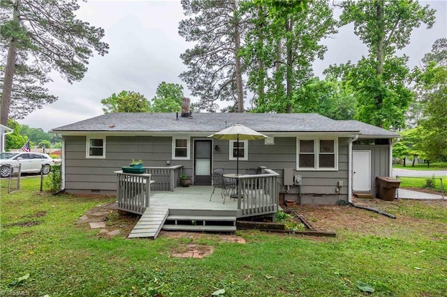 2508 Netherwood Dr, Greensboro, NC 27408 - back of property featuring crawl space, a chimney, a lawn, and a wooden deck