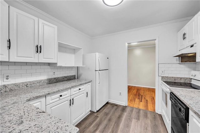 2508 Netherwood Dr, Greensboro, NC 27408 - kitchen featuring under cabinet range hood, white appliances, ornamental molding, white cabinets, and backsplash