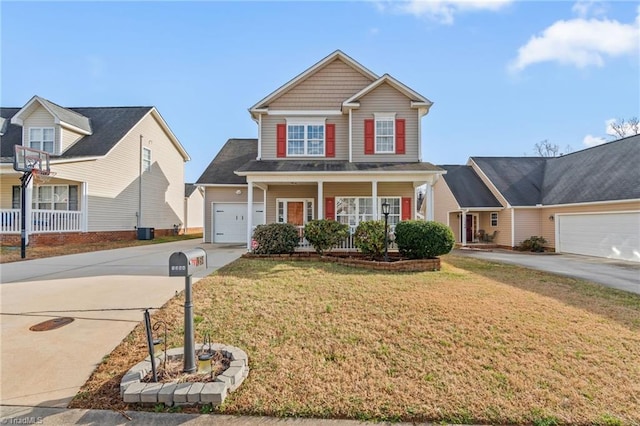 view of front of house with a front lawn, central air condition unit, covered porch, and driveway