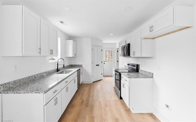 kitchen featuring light stone countertops, sink, white cabinets, and stainless steel appliances